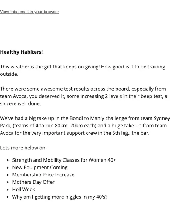 Healthy Habit Fitness newsletter email