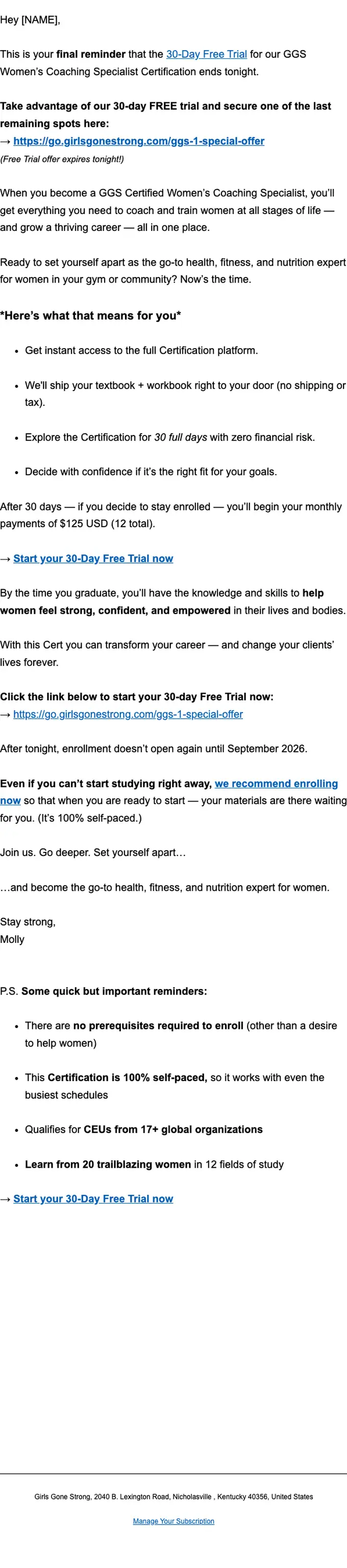 Girls Gone Strong expiration notice email, full length