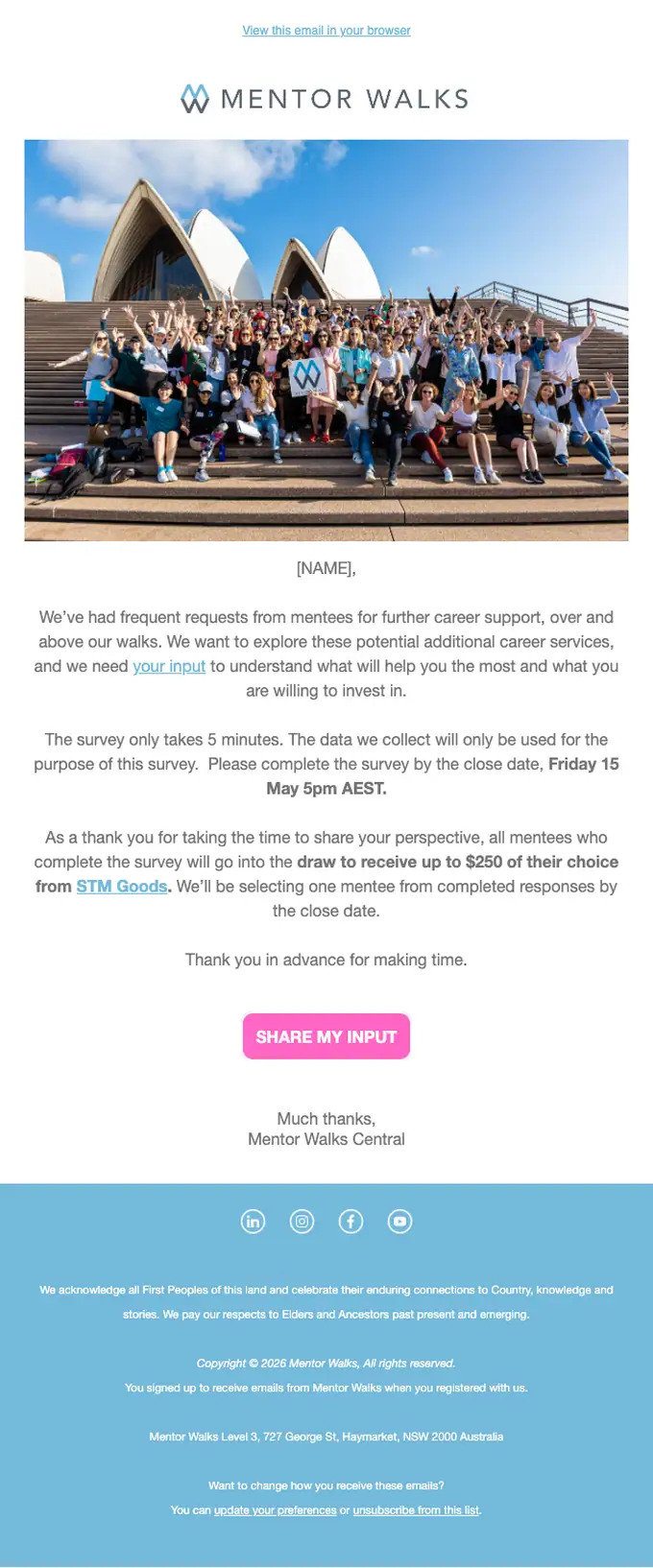 Mentor Walks survey email, full length