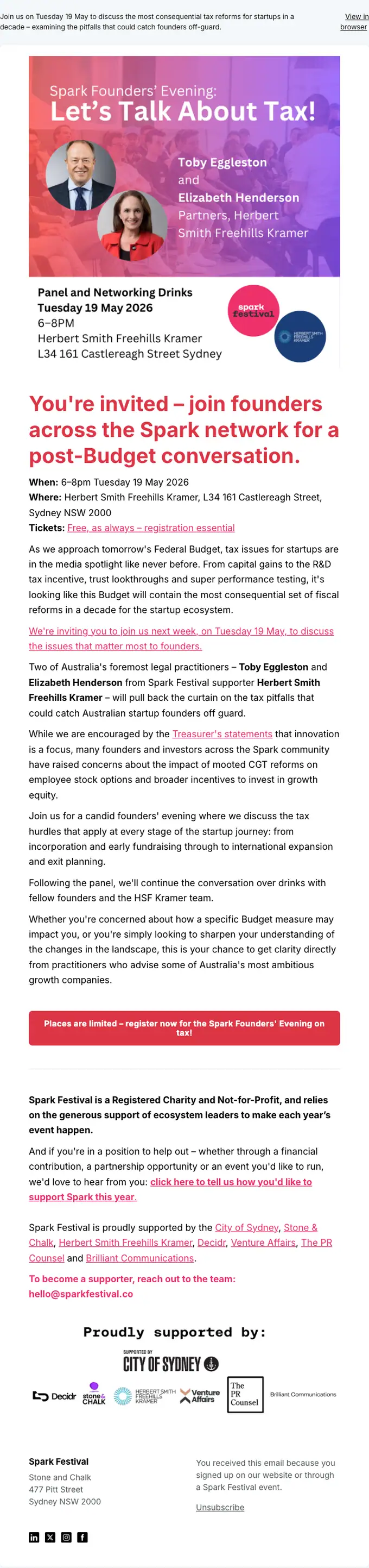 Spark Festival event invite email, full length