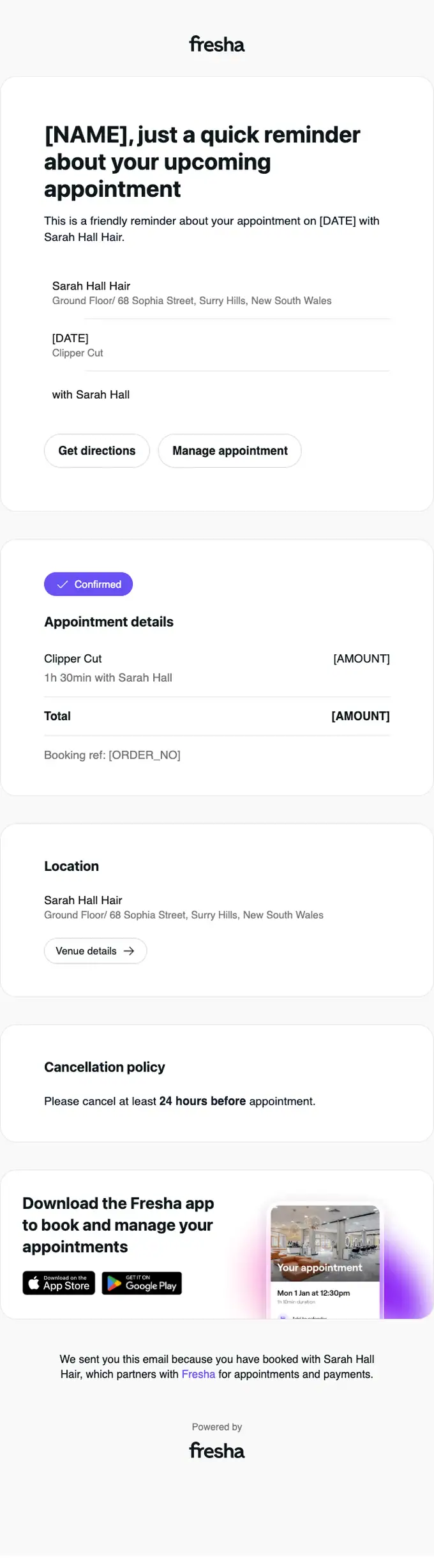 Sarah Hall Hair appointment email, full length