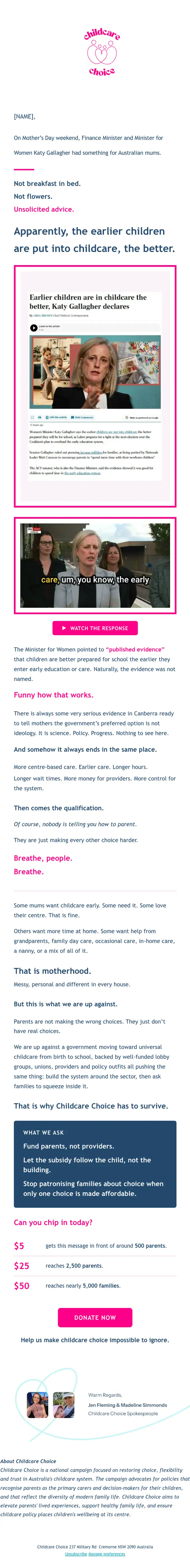 Childcare Choice newsletter email, full length