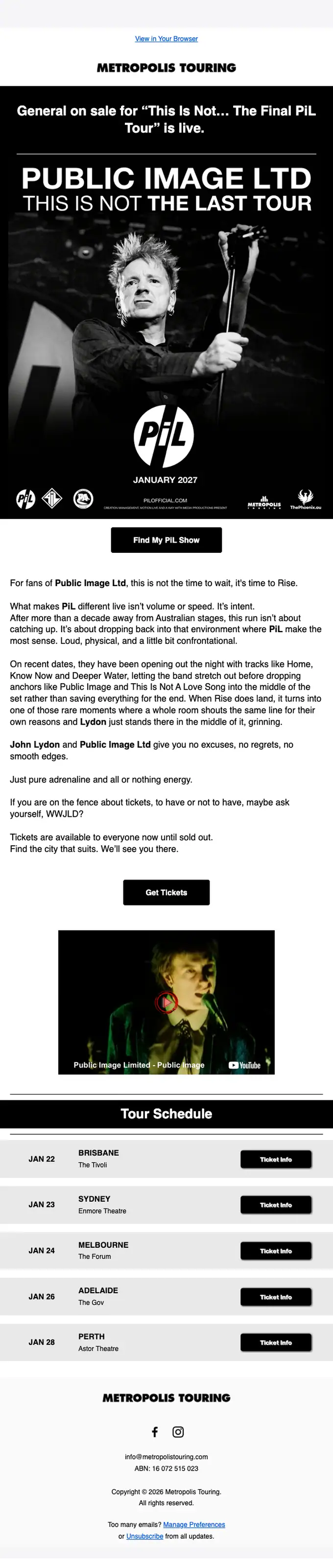 Metropolis Touring promotional email, full length