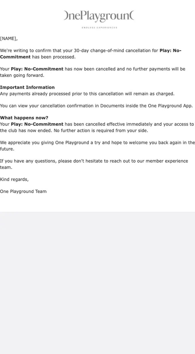 One Playground cancellation email, full length