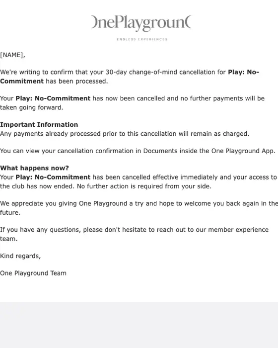One Playground cancellation email