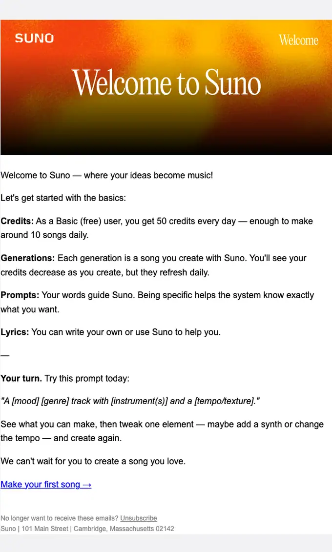 Suno welcome email, full length