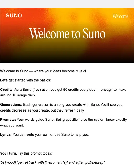 Suno welcome email: Welcome to Suno! Your first song is waiting