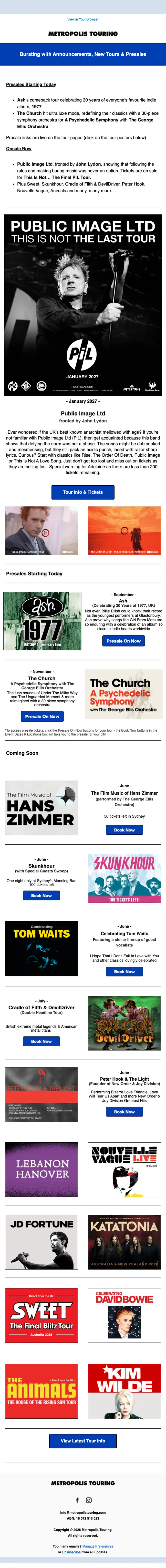 Metropolis Touring newsletter email, full length