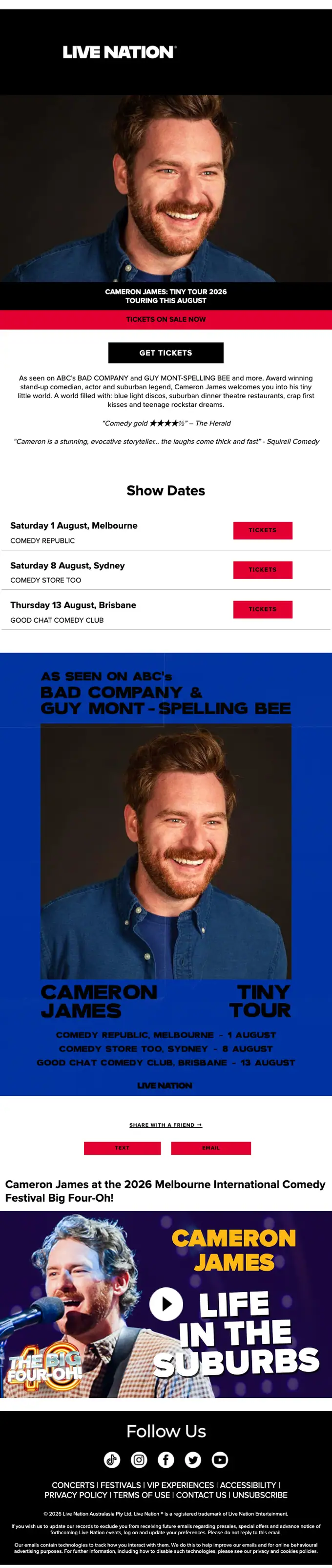 Live Nation Australia promotional email, full length