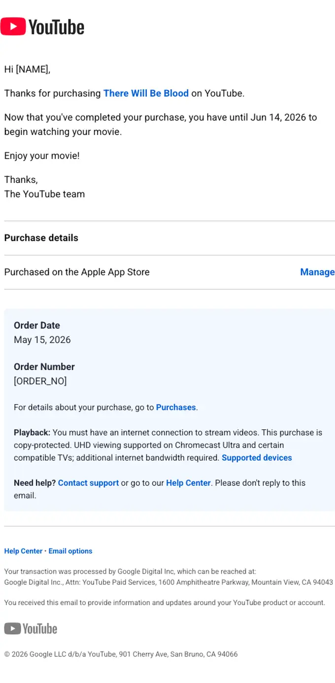 YouTube receipt email, full length