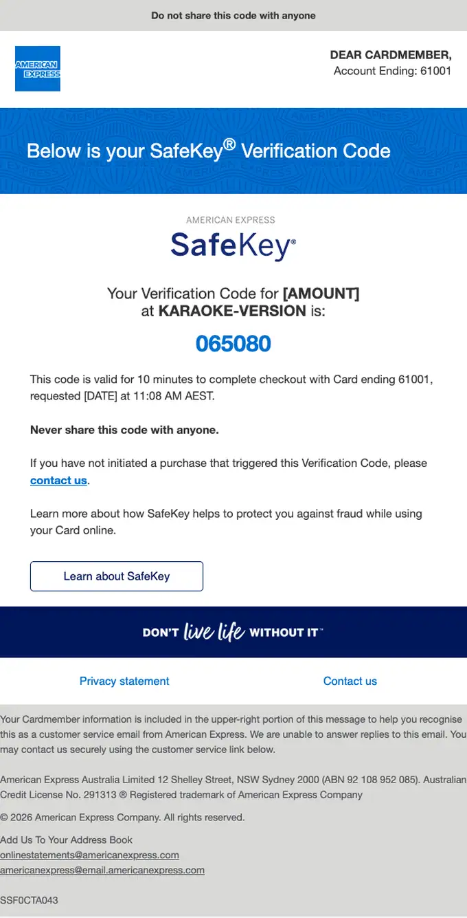 American Express otp email, full length