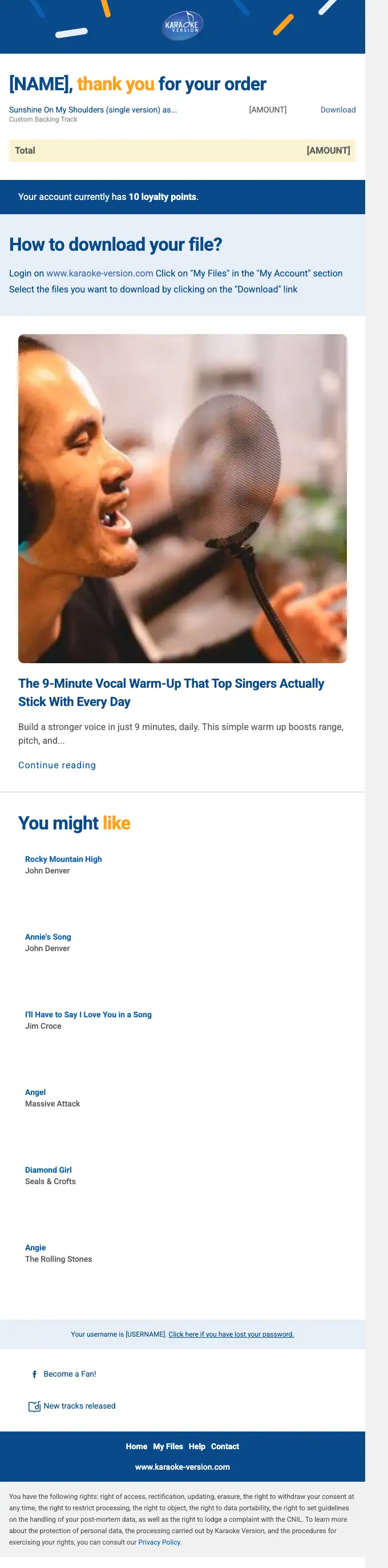 Karaoke Version order confirmation email, full length