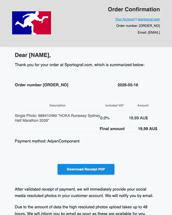Sportograf order confirmation email