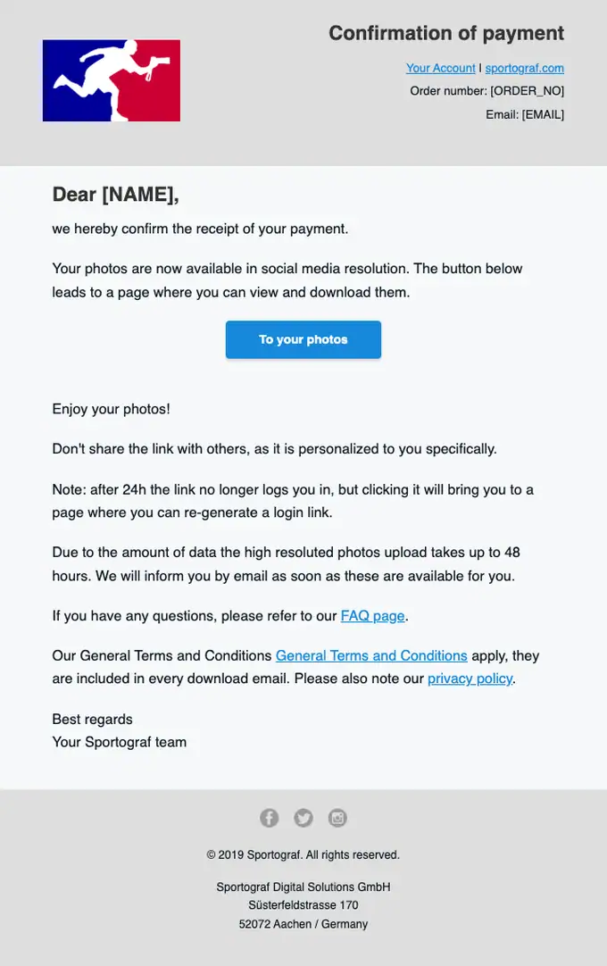 Sportograf payment confirmation email, full length