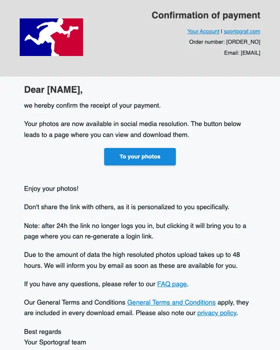 Sportograf payment confirmation email