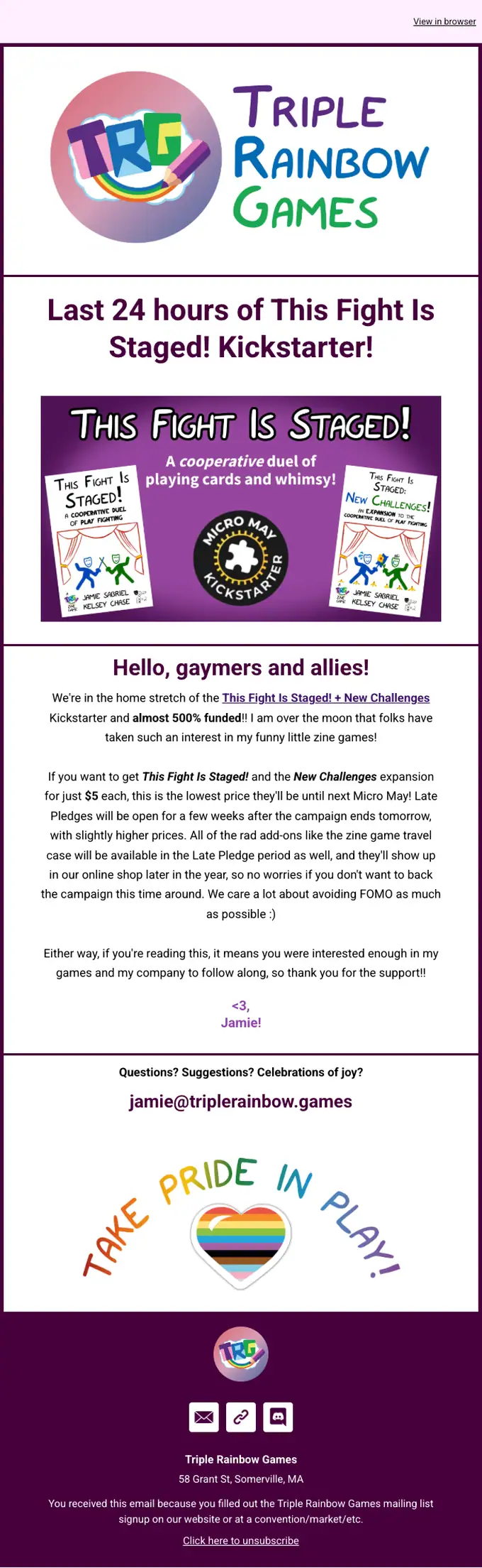 Triple Rainbow Games promotional email, full length