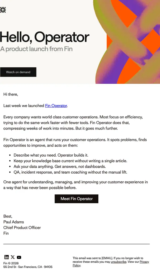 Fin product launch email, full length