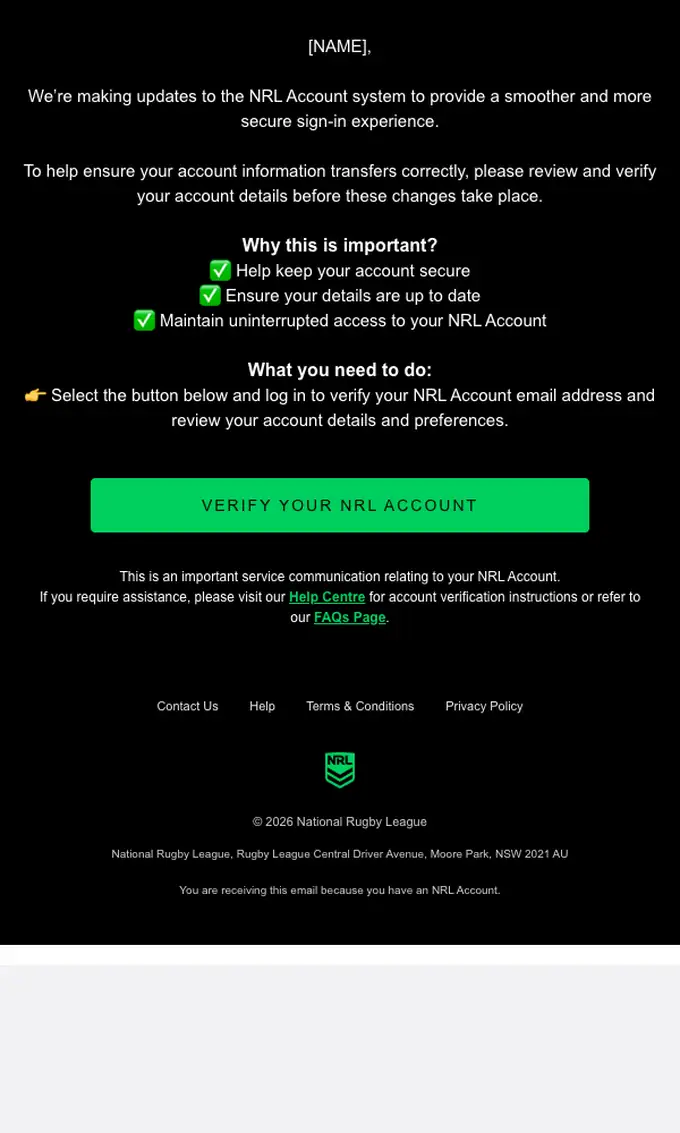 NRL account notice email, full length