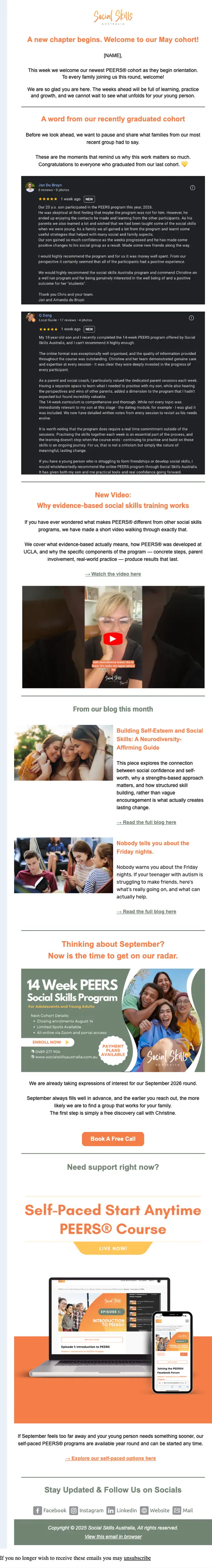 Social Skills Australia newsletter email, full length