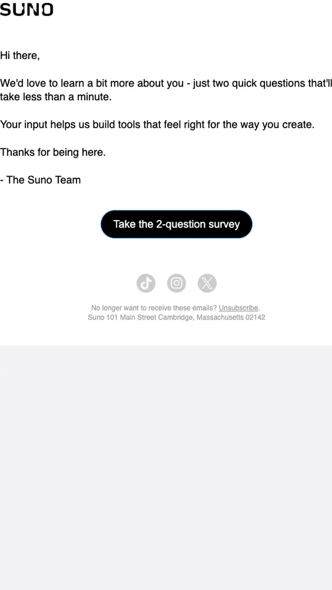 Suno survey email, full length