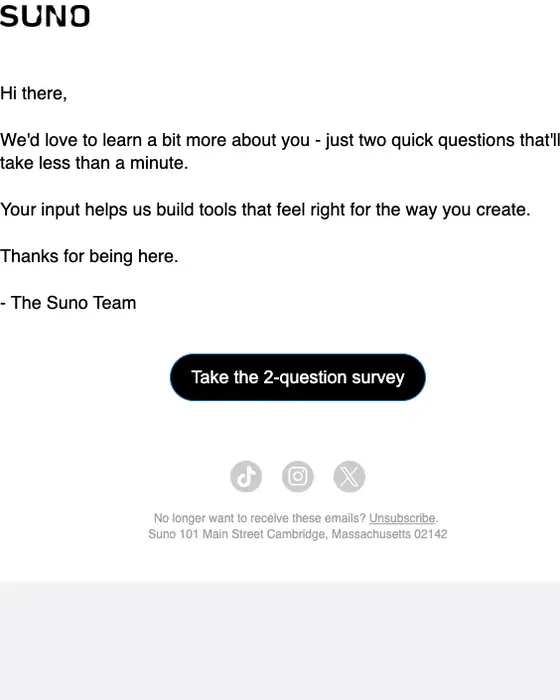 Suno survey email