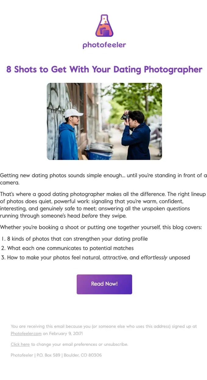 Photofeeler promotional email, full length