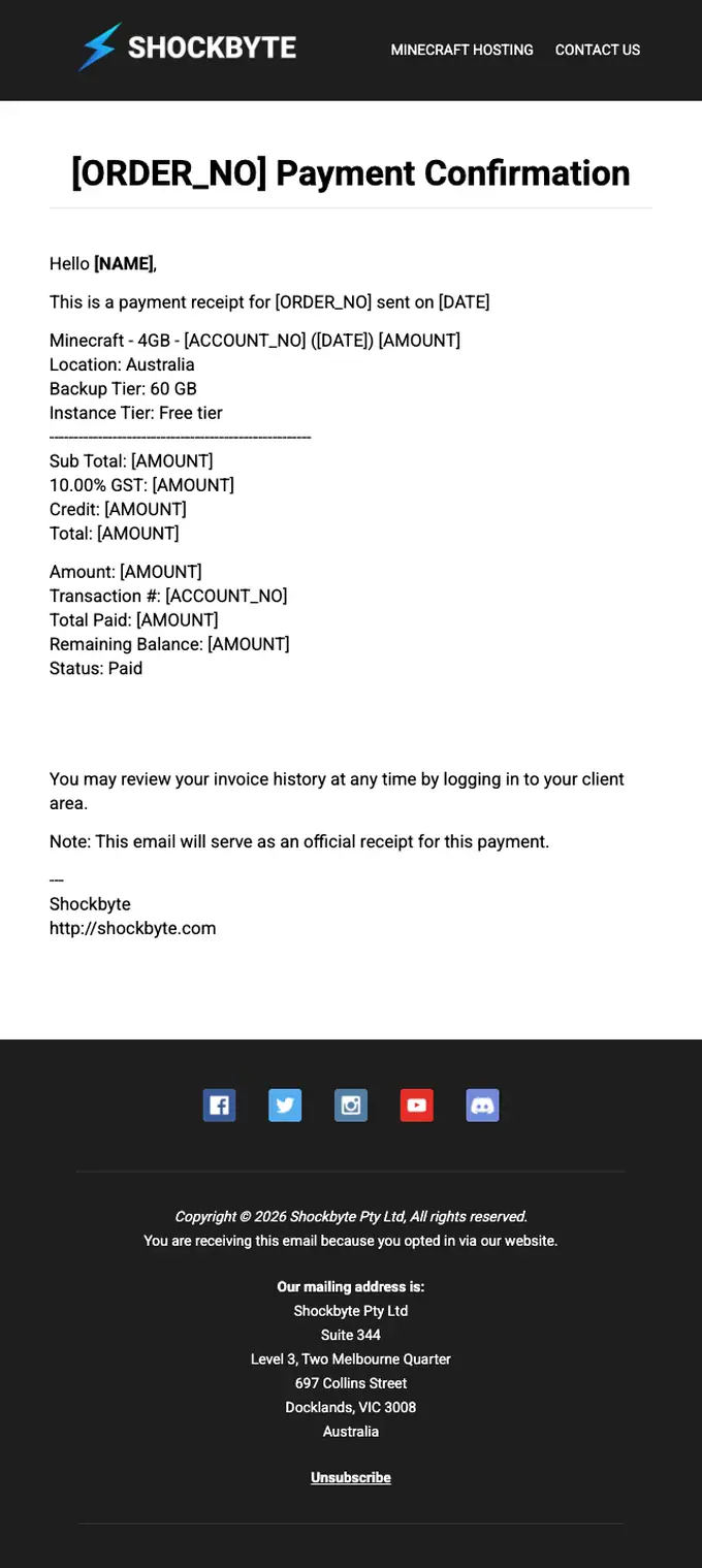 Shockbyte payment confirmation email, full length