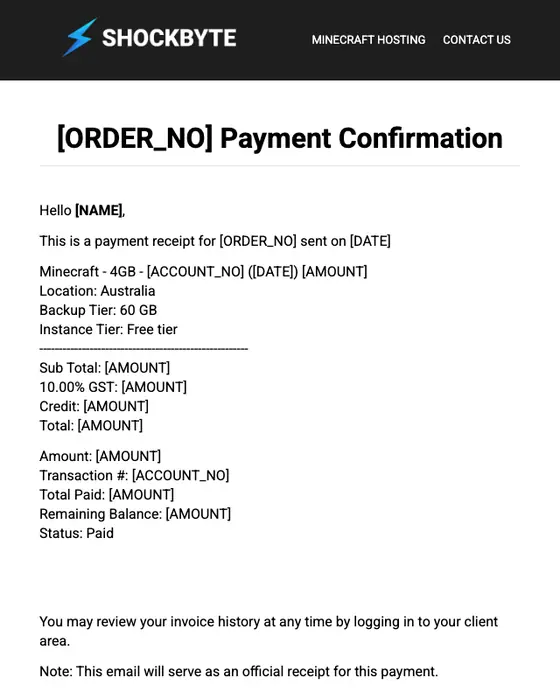 Shockbyte payment confirmation email
