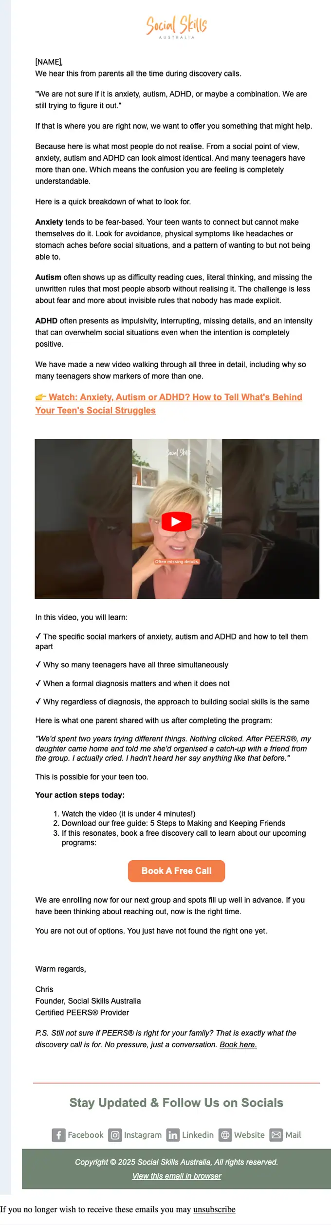 Social Skills Australia promotional email, full length