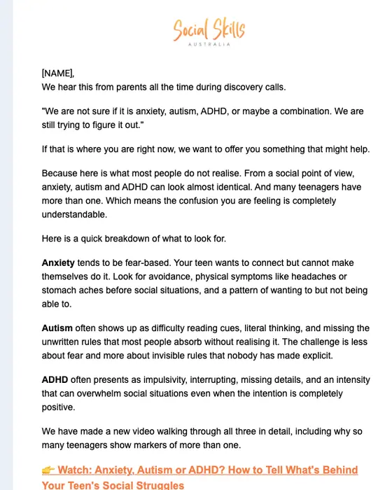 Social Skills Australia promotional email