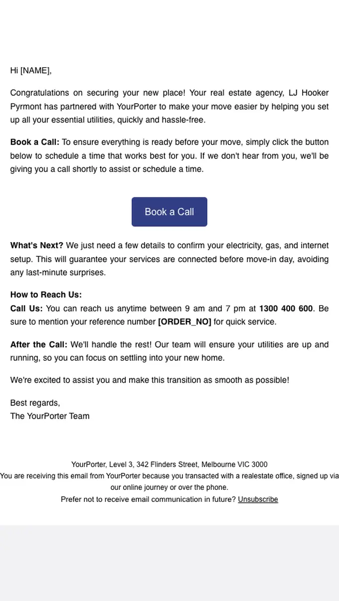 YourPorter account notice email, full length