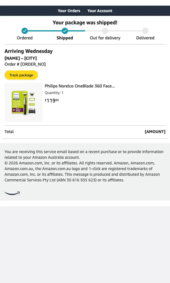 Amazon.com.au shipping email, full length