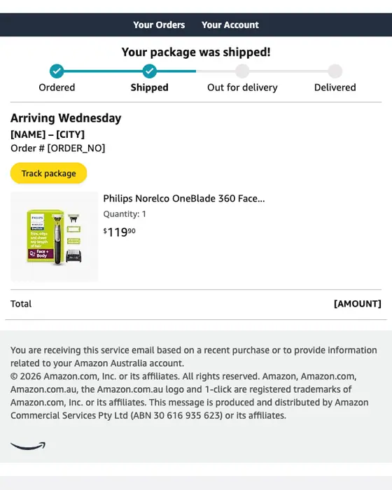 Amazon.com.au shipping email