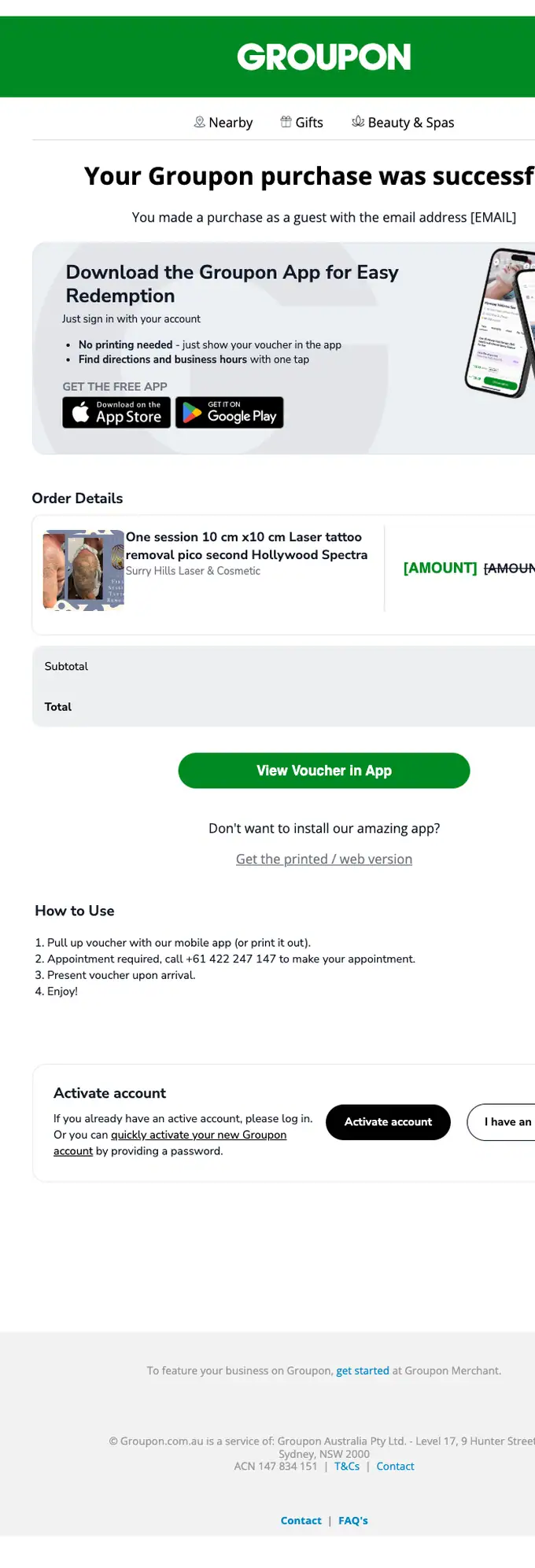 Groupon order confirmation email, full length