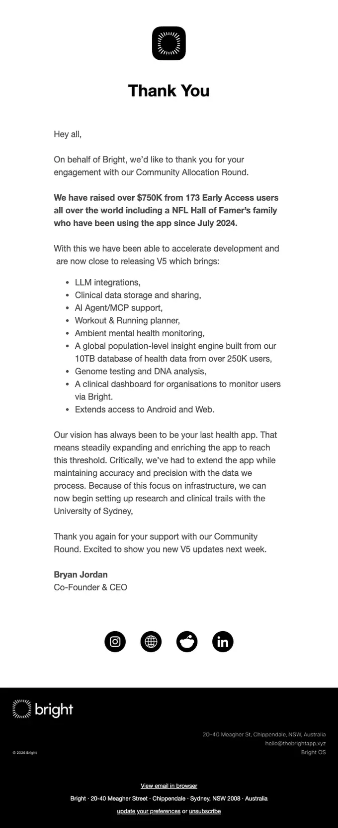 Bright OS account notice email, full length