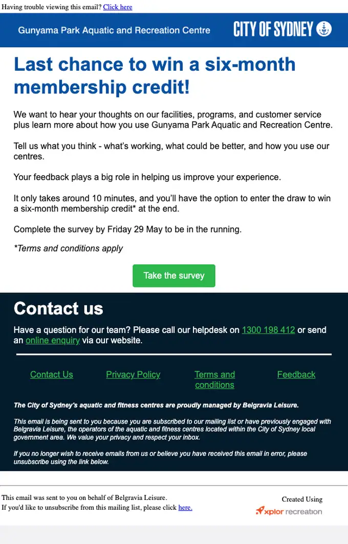 Belgravia Leisure survey email, full length