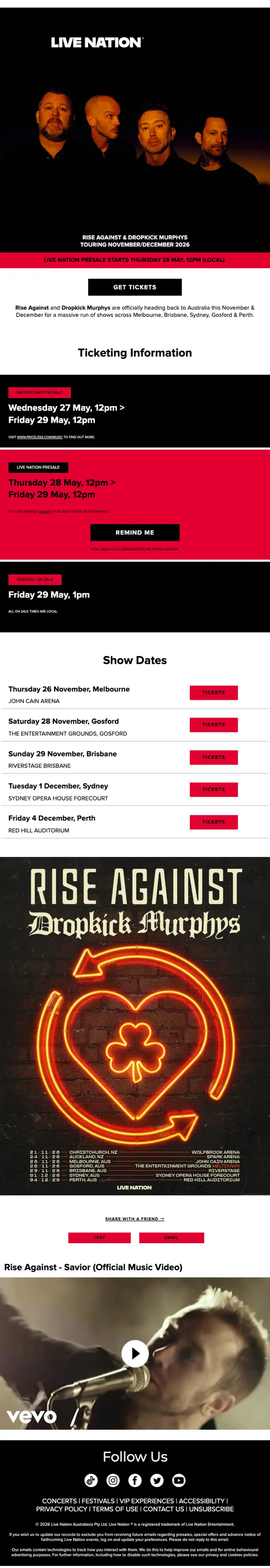 Live Nation Australia promotional email, full length