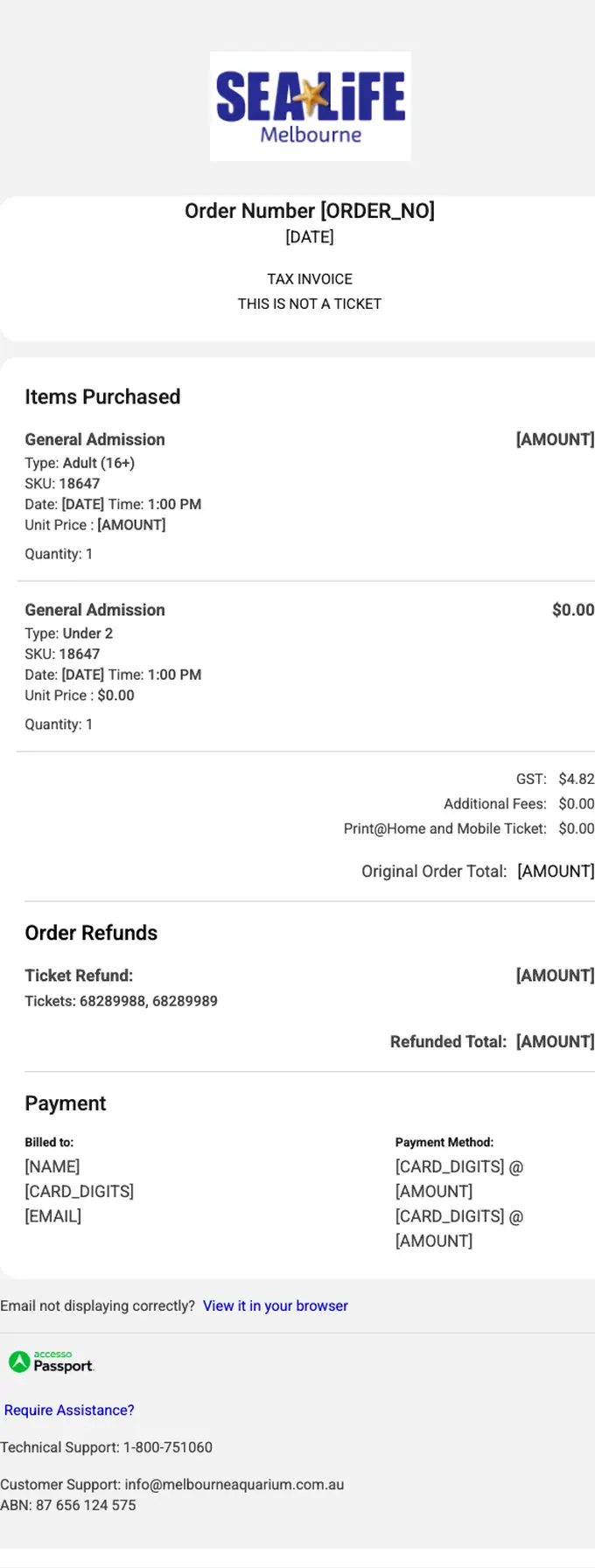 SEA LIFE Melbourne receipt email, full length