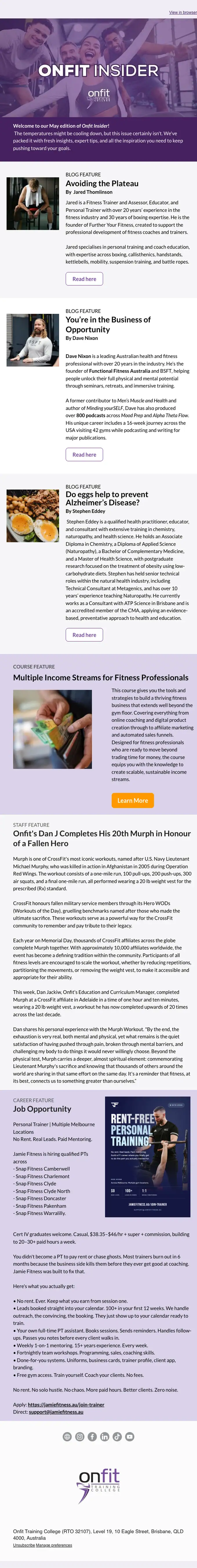 Onfit Training College newsletter email, full length