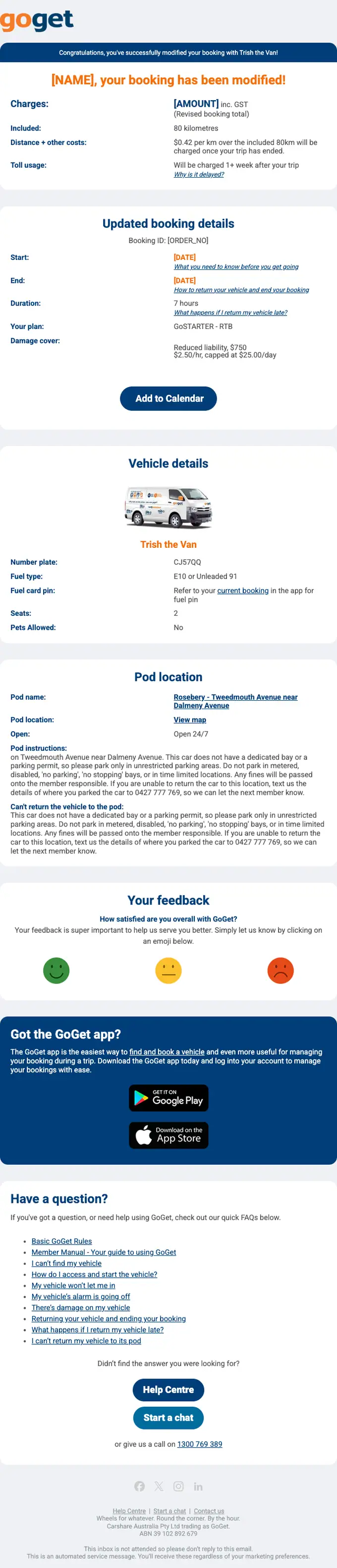 GoGet booking confirmation email, full length