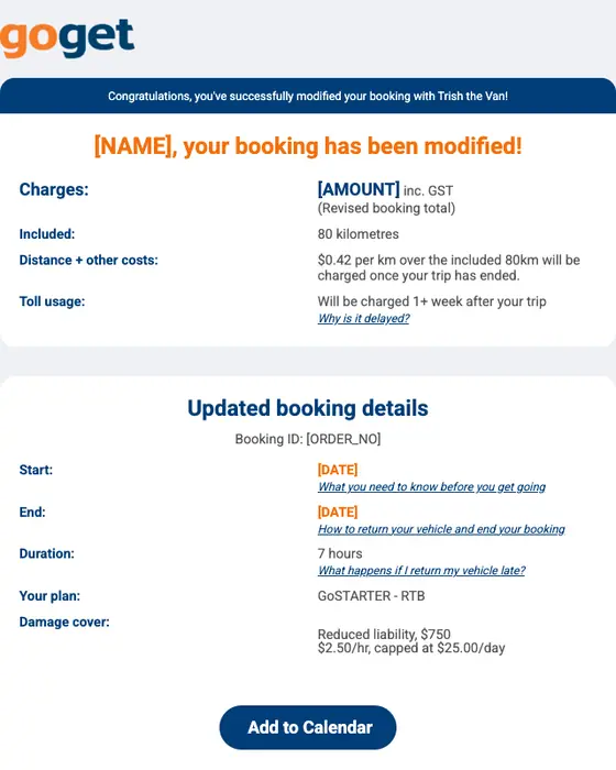 GoGet booking confirmation email