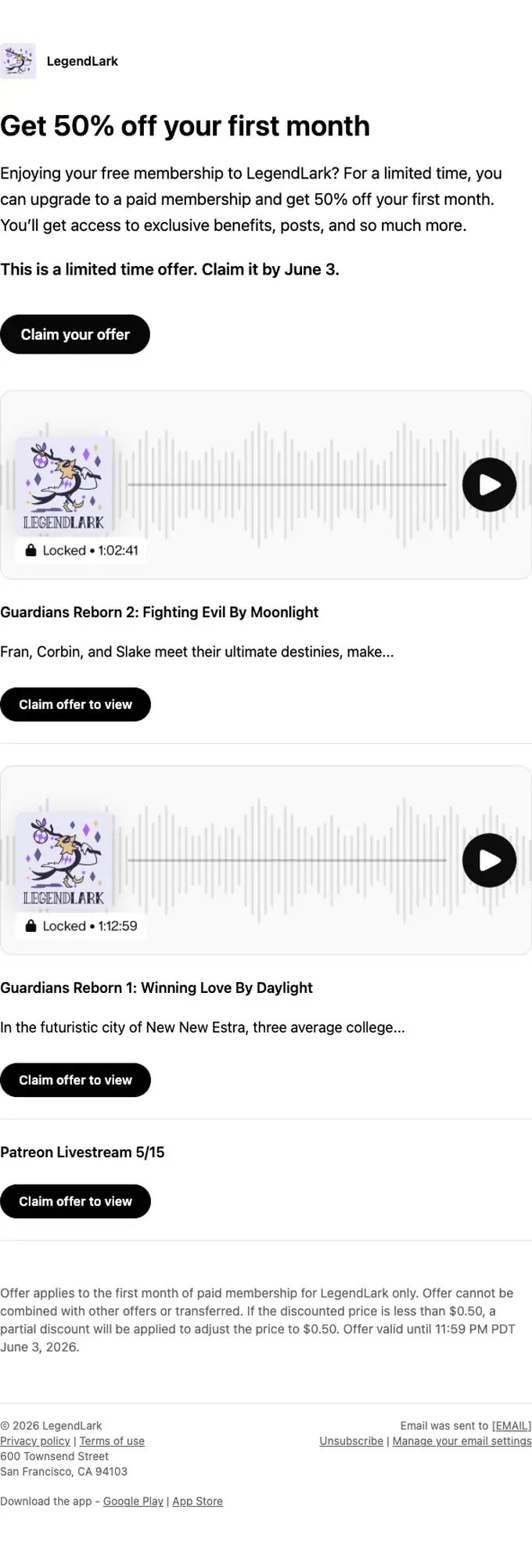 Patreon discount offer email, full length