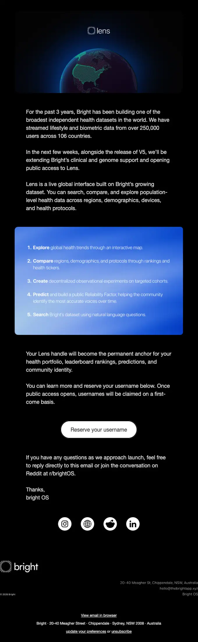 bright OS account notice email, full length