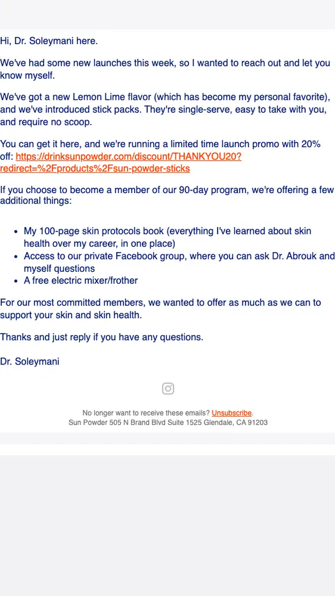 Sun Powder - Dr. Soleymani product launch email, full length