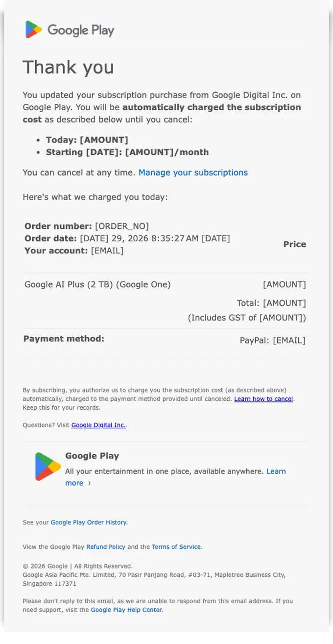 Google Play subscription email, full length