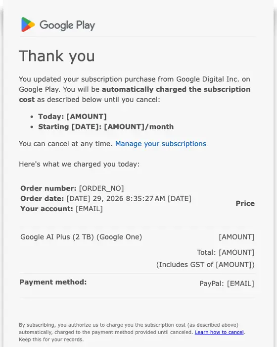 Google Play subscription email