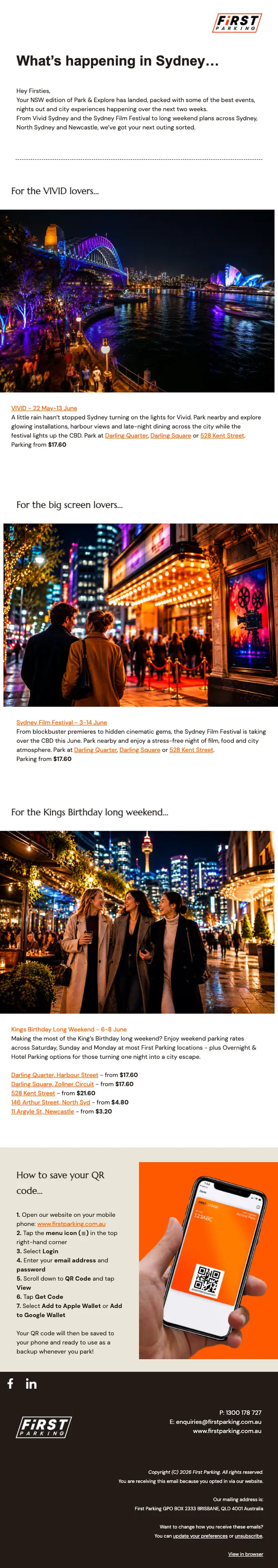 Express by First Parking promotional email, full length