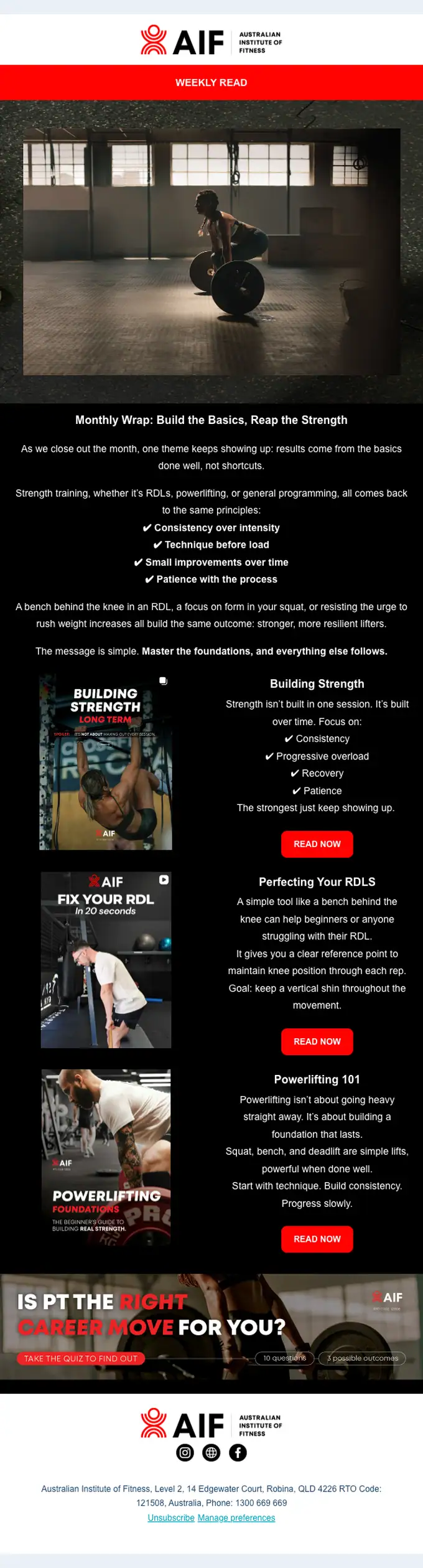Australian Institute of Fitness newsletter email, full length