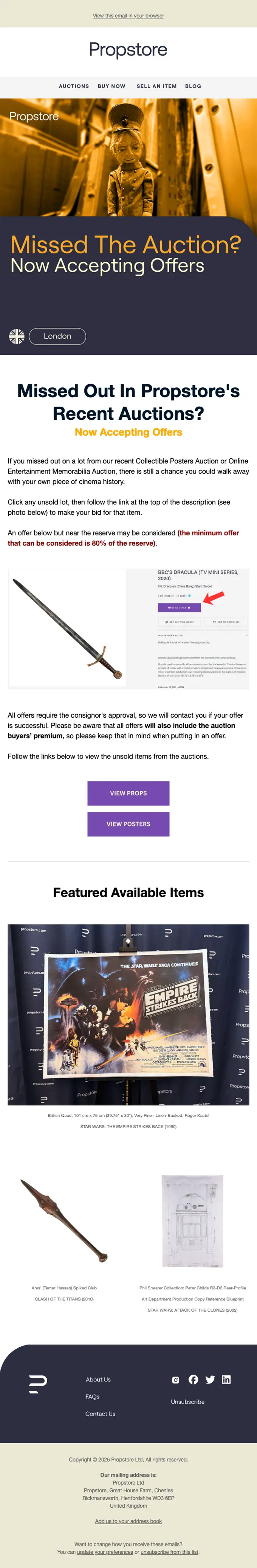 Propstore promotional email, full length
