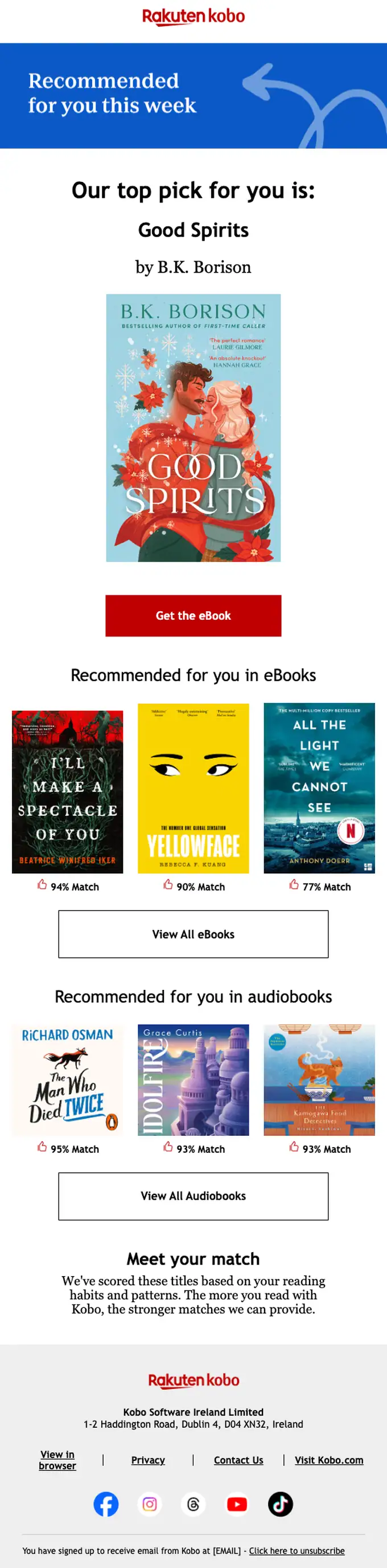 Kobo newsletter email, full length